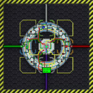 The Hypertorus Fusion Reactor is centered on the image. It is a gray ring shape with various colored lights flashing. There is a control panel on the south side. The West side has a prominent green light, and there is a green pipe connected to it. The north side has a prominent blue light and a gray pipe is connected to it. The east side has a prominent red light and a red pipe is connected to it. There is a smaller gray sphere in the center of the machine, and there is a purple pipe connected to it, pointing south.