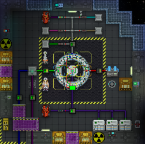 The hypertorus fusion reactor surrounded by lots of pipes and equipment. The fuel input has a gas mixer with oxygen and plasma attached. The moderator input has a lot of canister connectors, and one of them has a plasma canister attached. The output pipe has the bluespace gas sender attached. The coolant pipe has three thermo-machines attached.